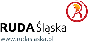 Czarny napis Ruda Śląska obok w czerwonym okręgu czerwona litera R, pod spodem napis www.rudaslaska.pl